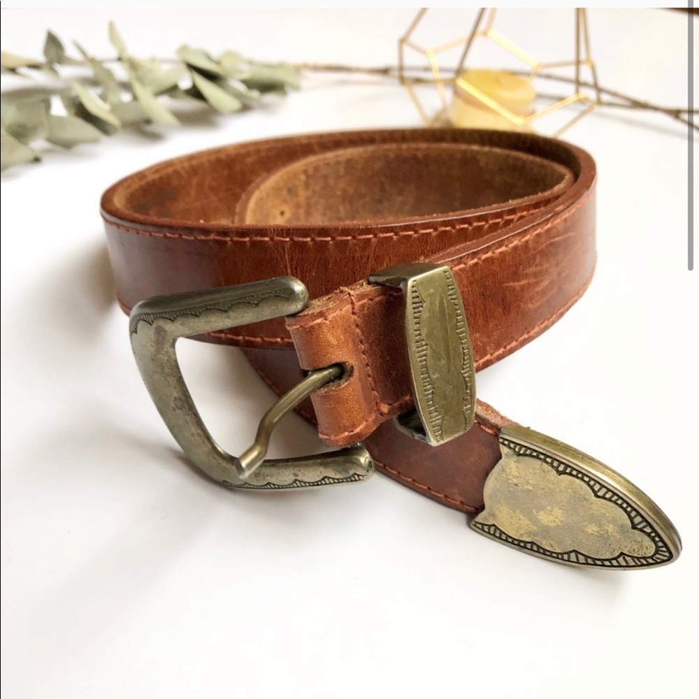 Vintage Western Genuine Leather Belt Stamped Brass Buckle